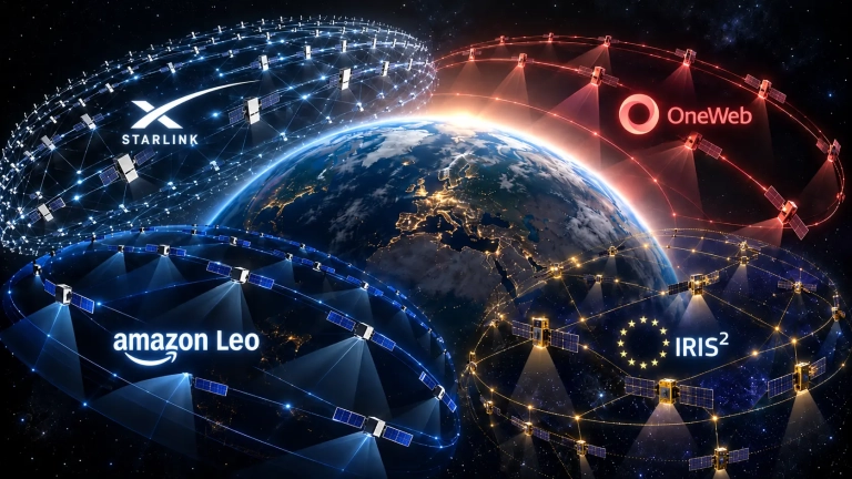 Illustration comparant les constellations Starlink, OneWeb, Amazon Leo et IRIS²