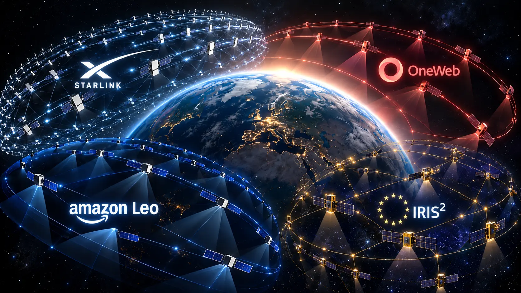 Illustration comparant les constellations Starlink, OneWeb, Amazon Leo et IRIS²